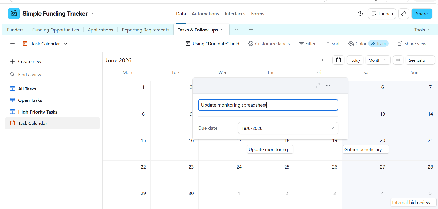 Task calendar with funding follow-up activities